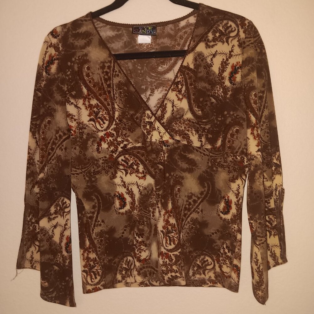 Eye Candy Split Trumpet Sleeve Top 70s Print Size L EUC